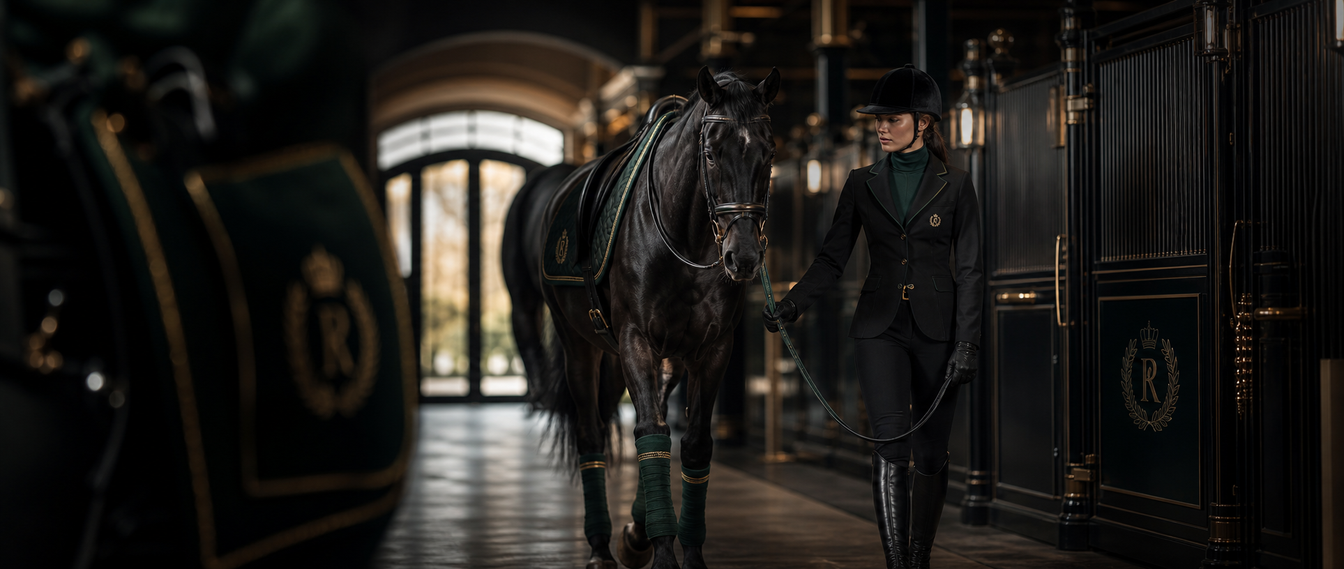 IRKOI rider walking a black horse through a premium stable